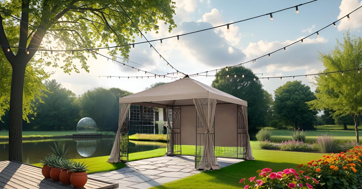 APEX GARDEN  YH-20S067B 10 ft. x 10 ft. Symphony II Gazebo with Mosquito Net, Privacy Screen and Planter Holders - APEX GARDEN