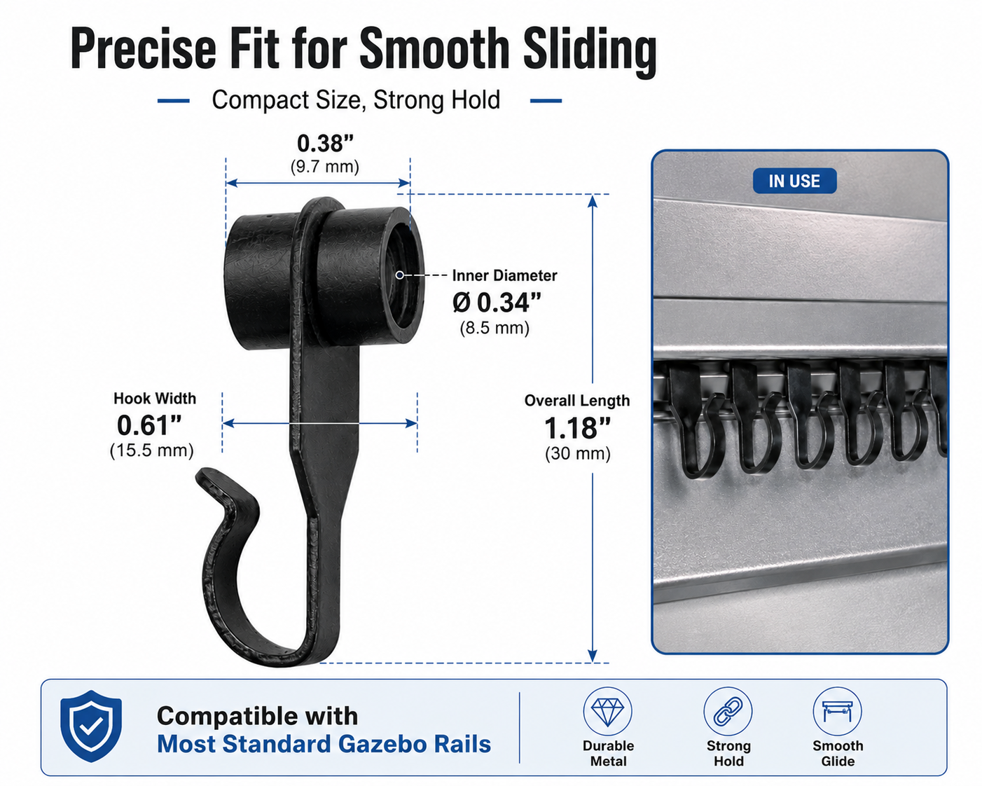 36-PCS Heavy-Duty Steel Curtain Hooks with Wheels, Smooth Sliding Replacement for Gazebo Netting & Curtains, Fits Most Gazebo Track Systems (Allen + roth, Sojag, The Bay, Zellers Compatible)