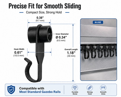 36-PCS Heavy-Duty Steel Curtain Hooks with Wheels, Smooth Sliding Replacement for Gazebo Netting & Curtains, Fits Most Gazebo Track Systems (Allen + roth, Sojag, The Bay, Zellers Compatible)